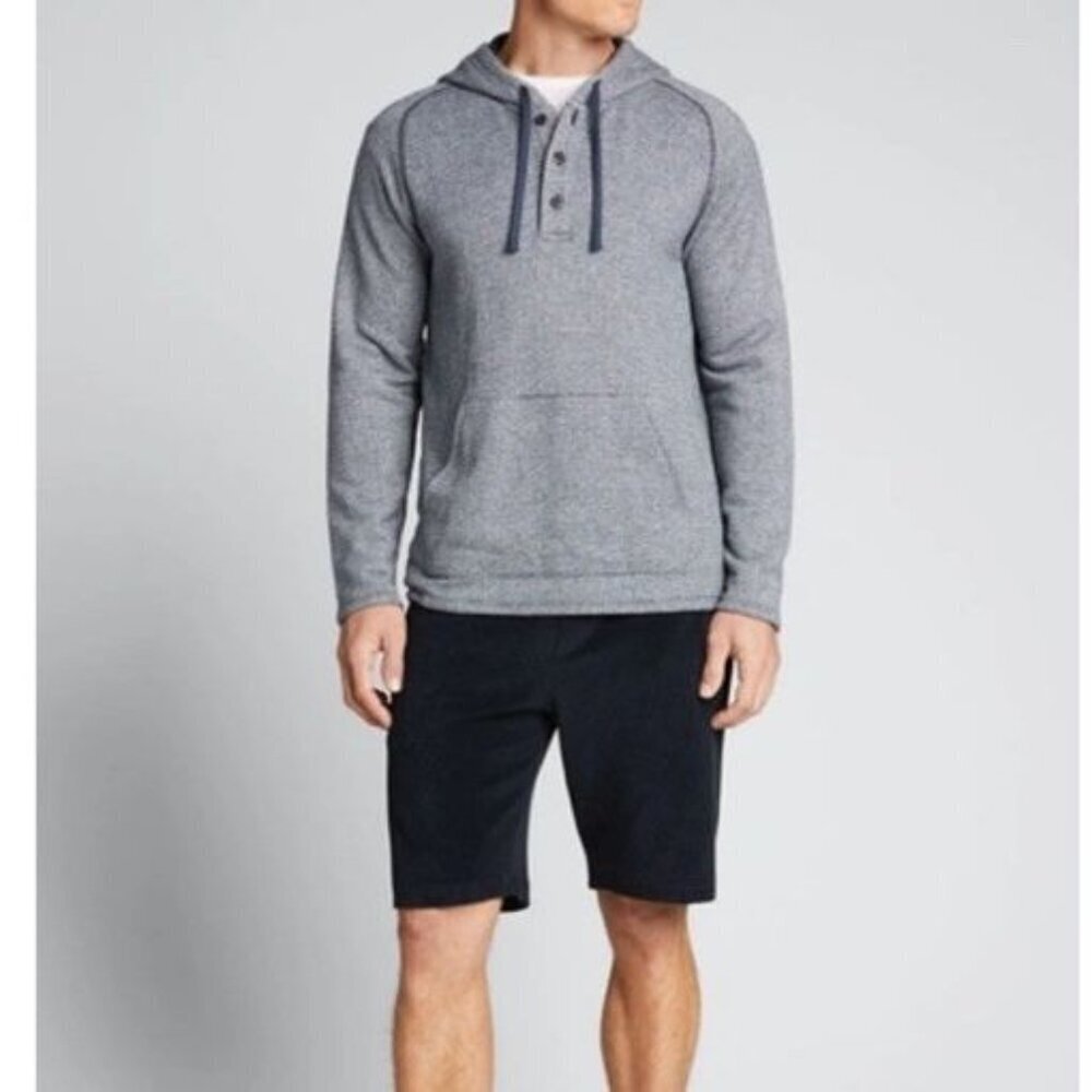 Vince. Small Oversized Fit Coastal Blue Terry Lined Striped Hooded Henley Shirt